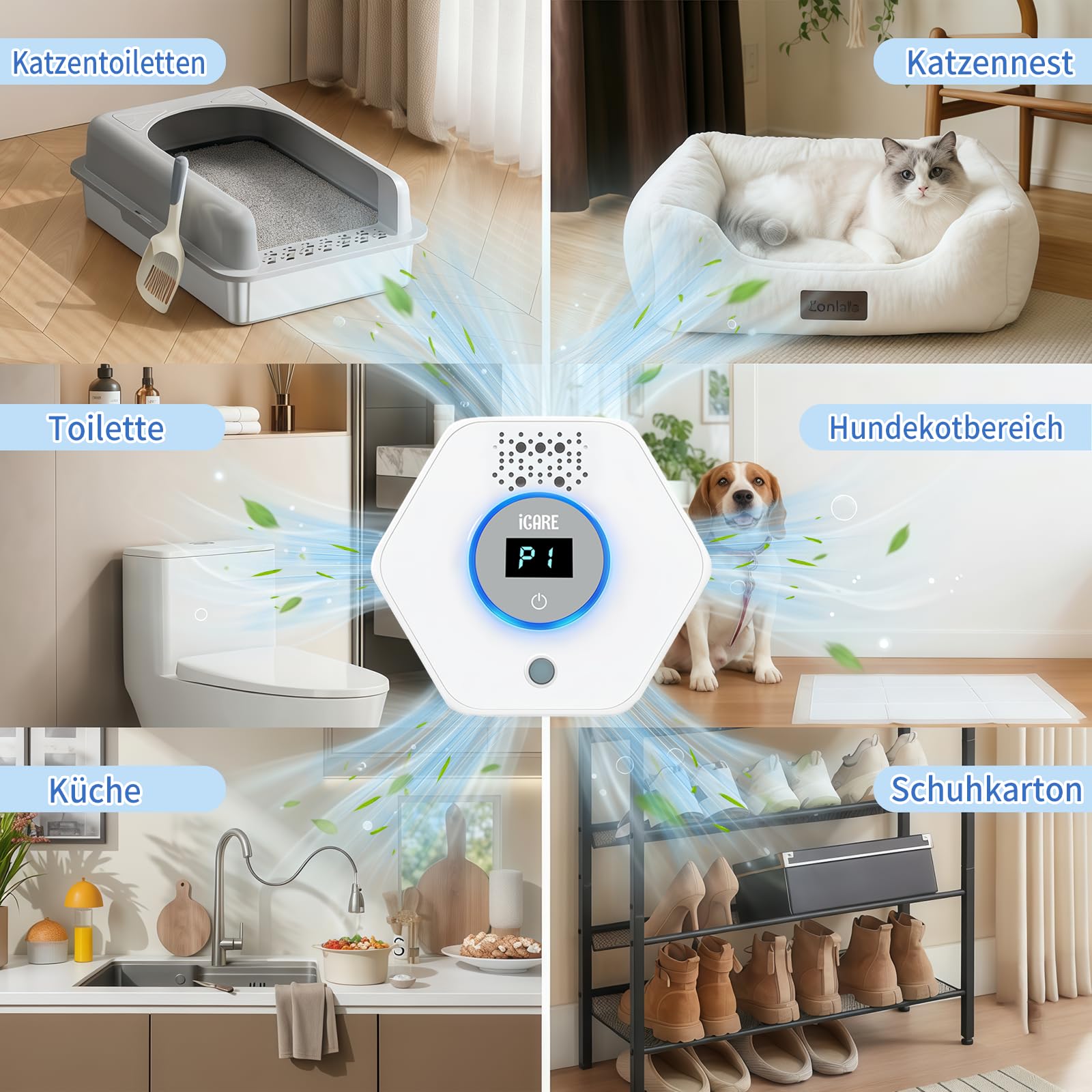 Katzenstreu Geruchsbeseitiger, Ozon & Negative Ion Cat Odor Eliminator mit Sensor Monitor, Katzentoiletten Desodorierer mit 3 Led Licht Modi, Lufterfrischer, Effektiver Luftreiniger Für Haustiergerüc