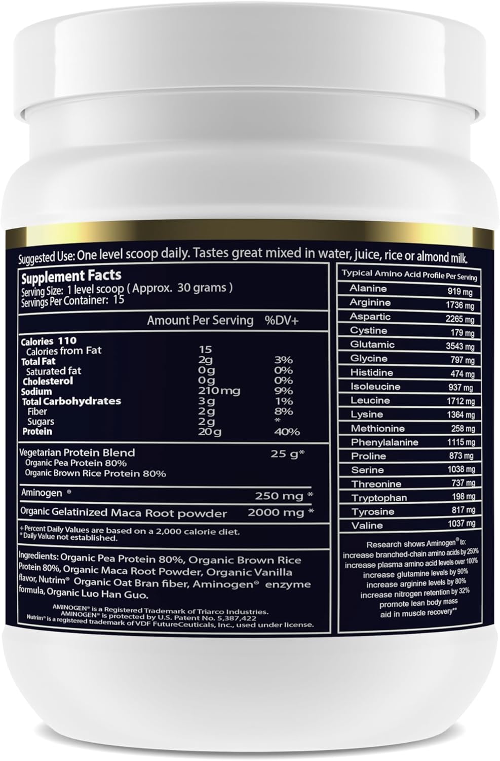 Paradise Herbs Maca Up Vanilla Vegan Protein Powder, Organic Pea & Brown Rice, Maca Root, Aminogen Digestive Enzyme Blend, Nutrim Oat Bran Fiber, 15 Servings, 450 g