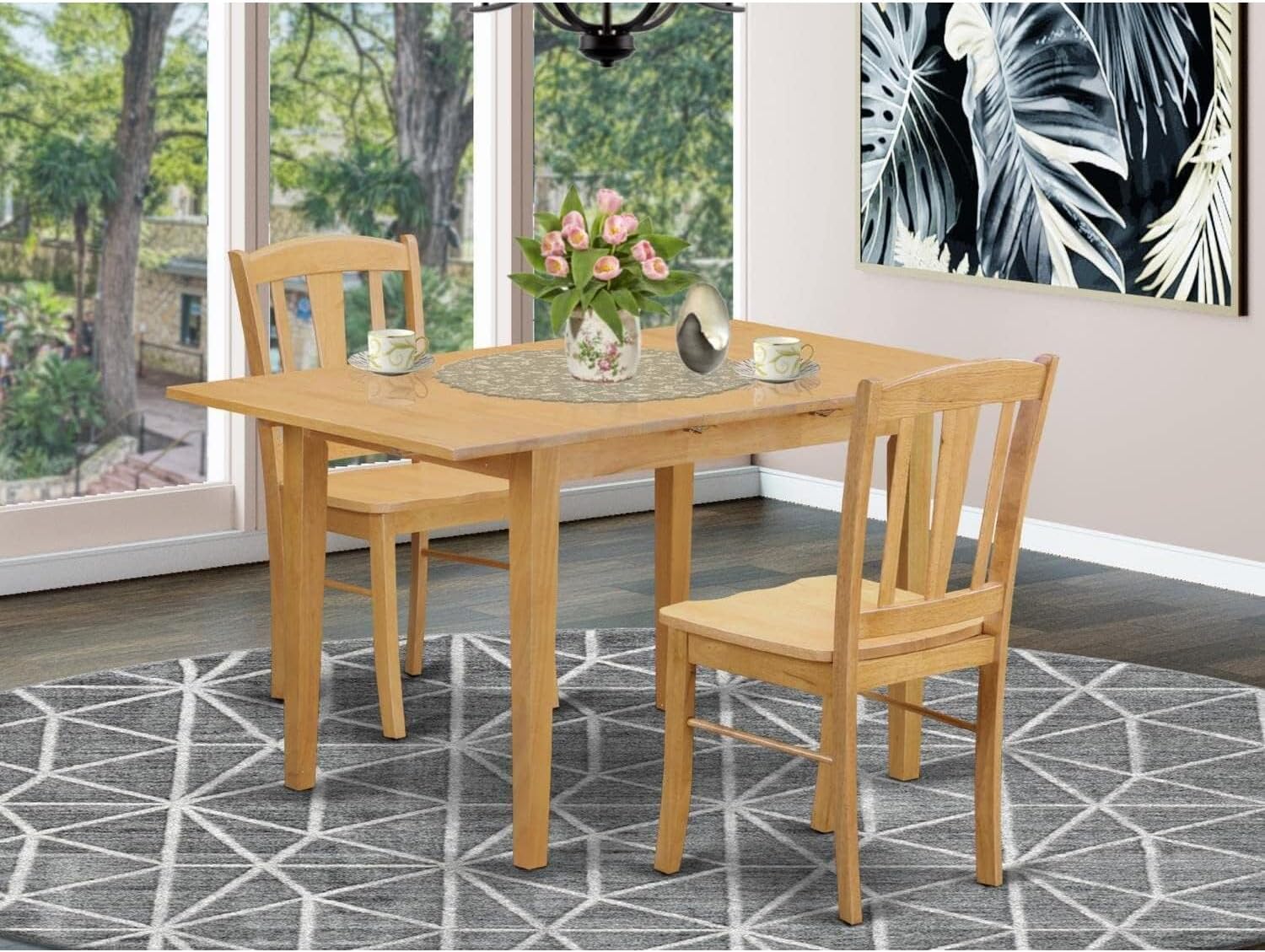 5-Piece Rectangular Dining Table Set, Oak Finish, 32" x 54" Table with 12-Inch Leaf, 4 Chairs with Wood Seats, 140 lbs