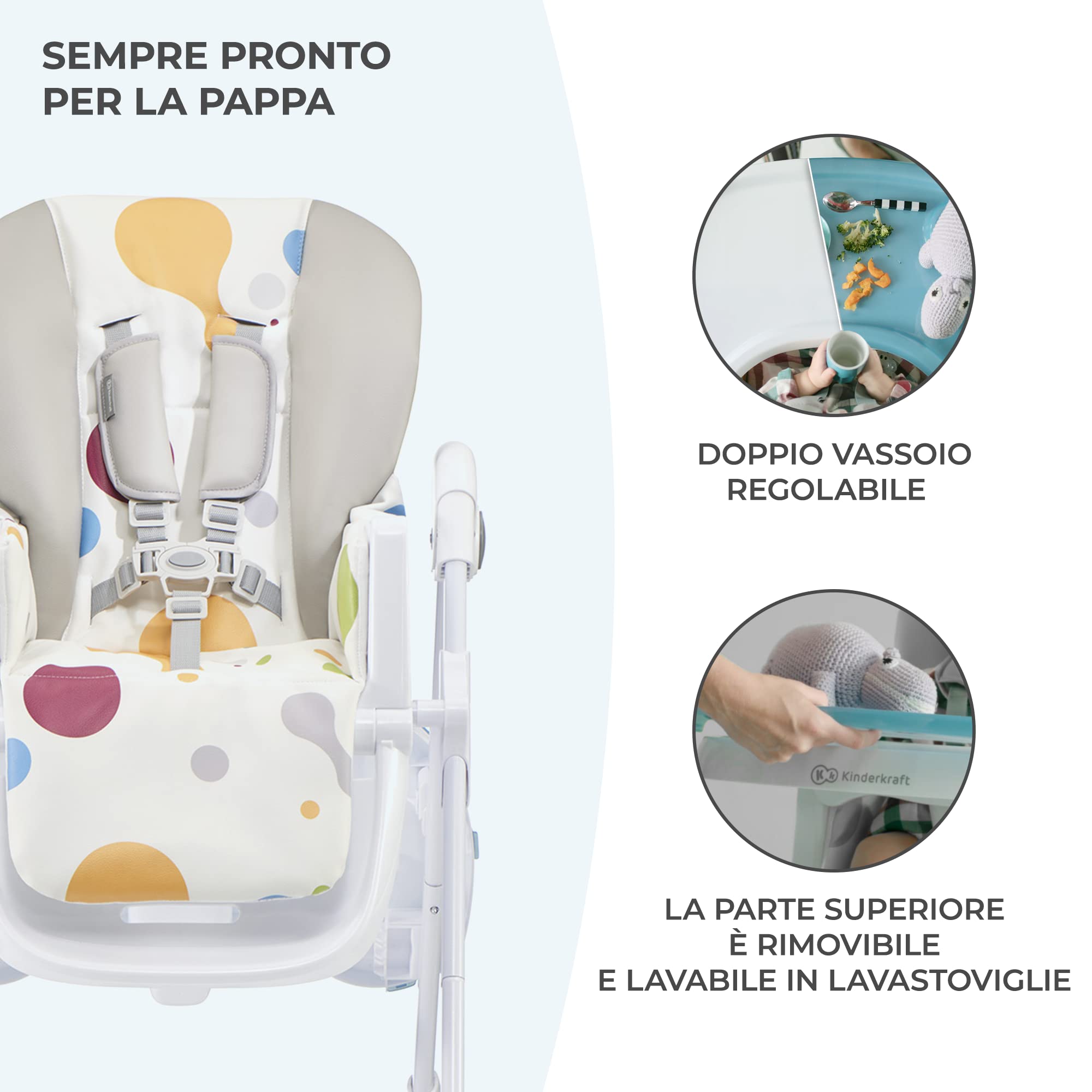 Kinderkraft YUMMY Seggiolone Pappa, Regolabile, Pieghevole, Ripiano Smontabile, Bambini da 6 Mesi fino a 3 Anni, Multicolore