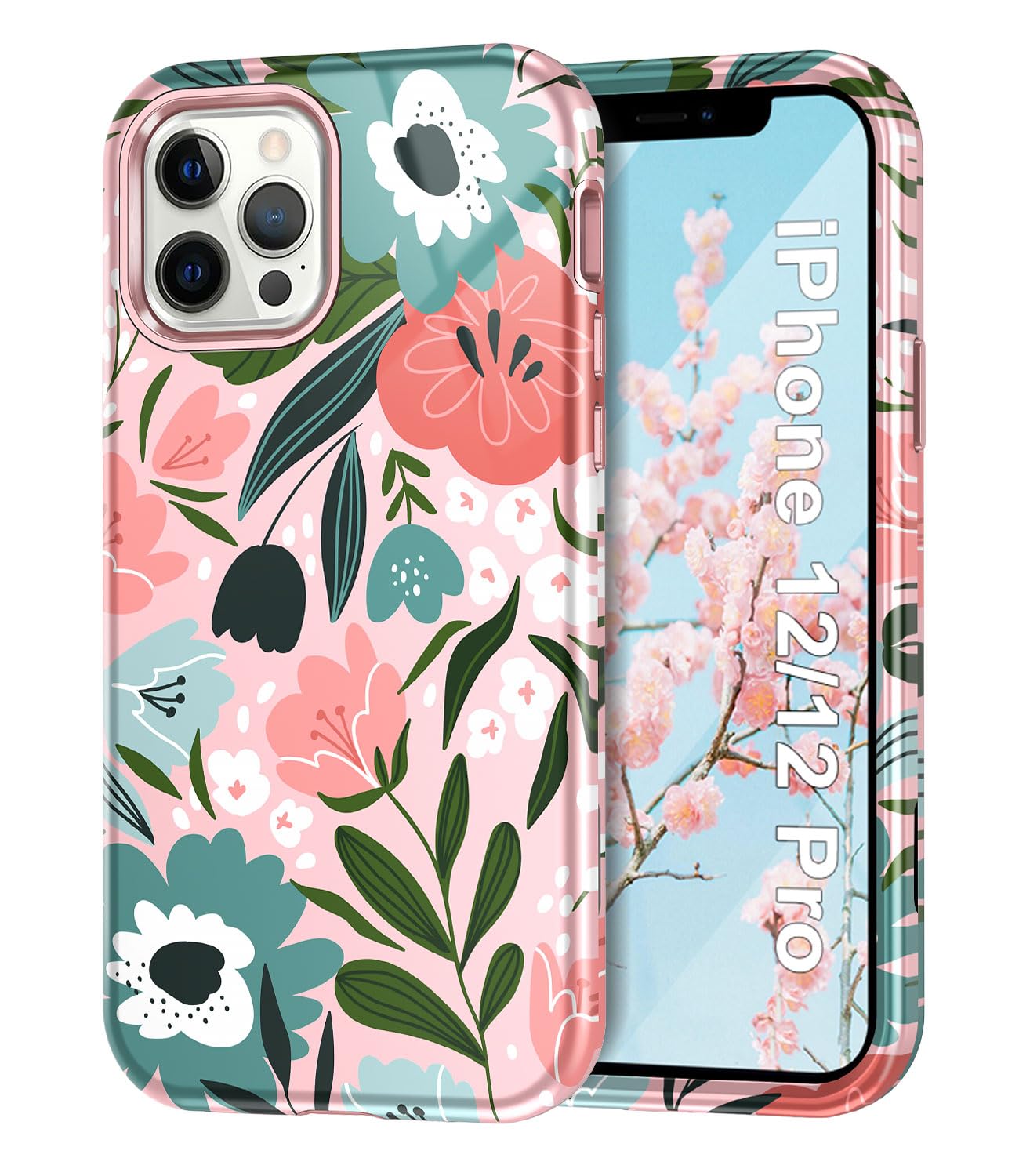 Btscasefor iPhone 12 Case/iPhone 12 Pro Case, Heavy Duty Three Layer Marble Shockproof Full Body Rugged Hard PC+Soft TPU Bumper Drop Protection Women Girls Cover for iPhone 12/12 Pro,Blue Pink Flower