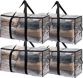 4-Packs Extra Large Heavy Duty Moving Bags, Waterproof Storage Totes with Handles & Zippers Storage Bags Totes for Clothes Packing, Dorms, College Supplies, Space Saving, Clear