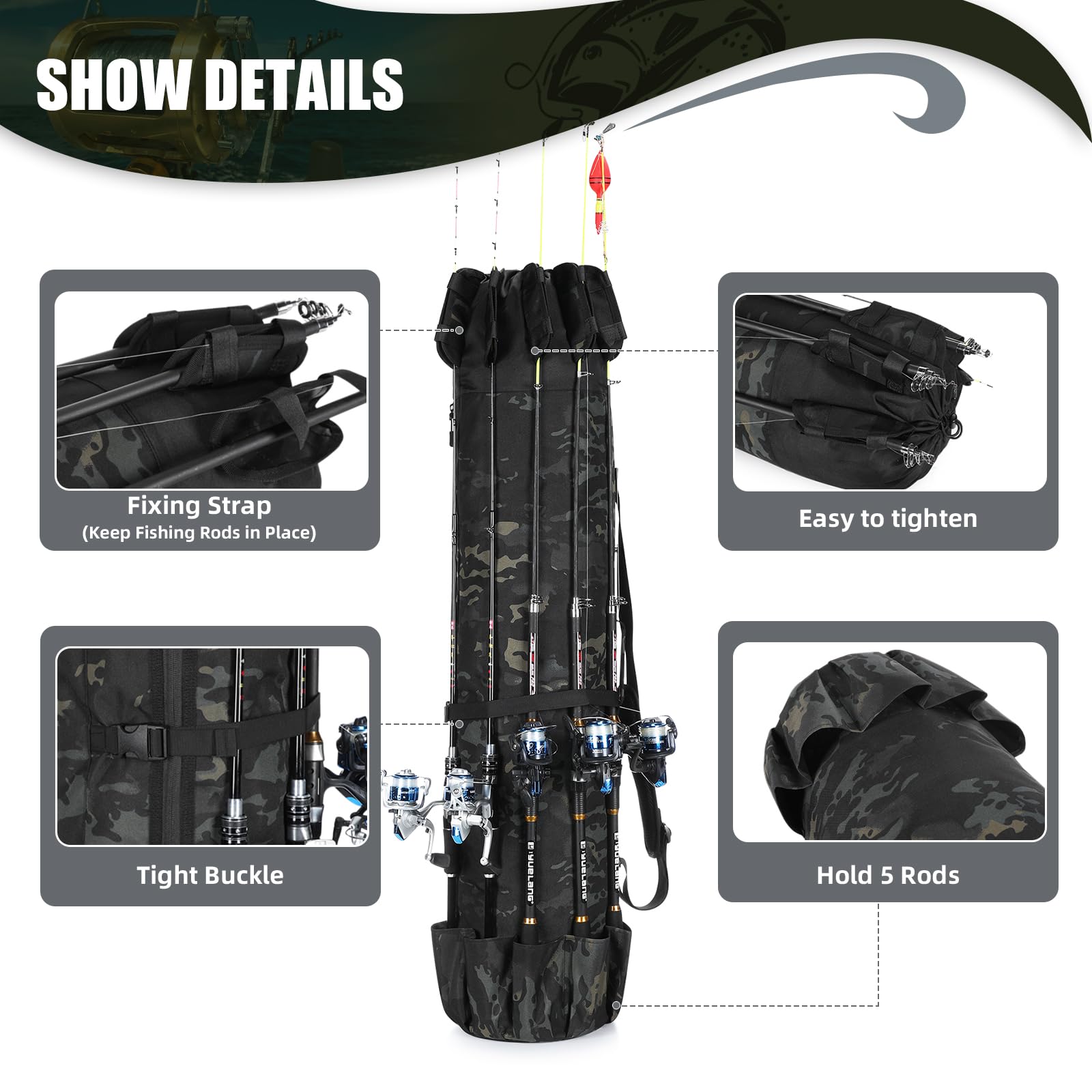 Borsa organizer per canna da pesca, per attrezzi e attrezzature da pesca, regalo per uomini, padri, figlie e amici, Caomo nero, all'aperto