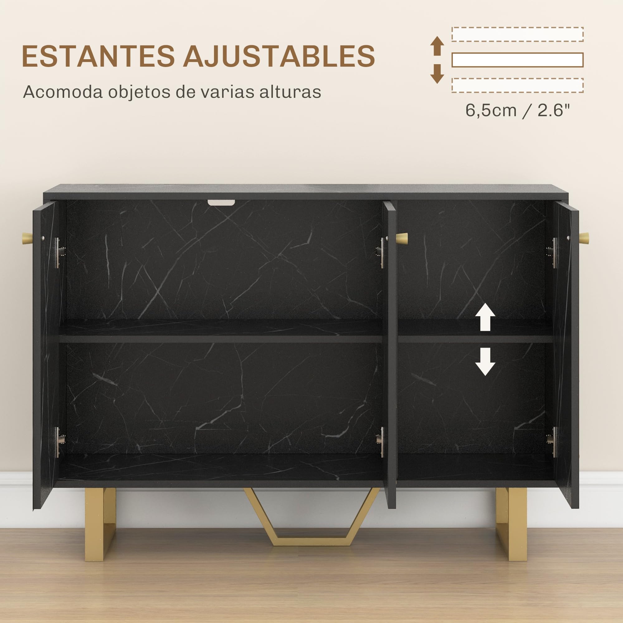 HOMCOM Aparador Moderno 2 Puertas Antivuelco 107x35x75 cm Negro y Dorado | Aparador de Salón, Estante Ajustable, Mueble Auxiliar para Salón, Efecto Mármol