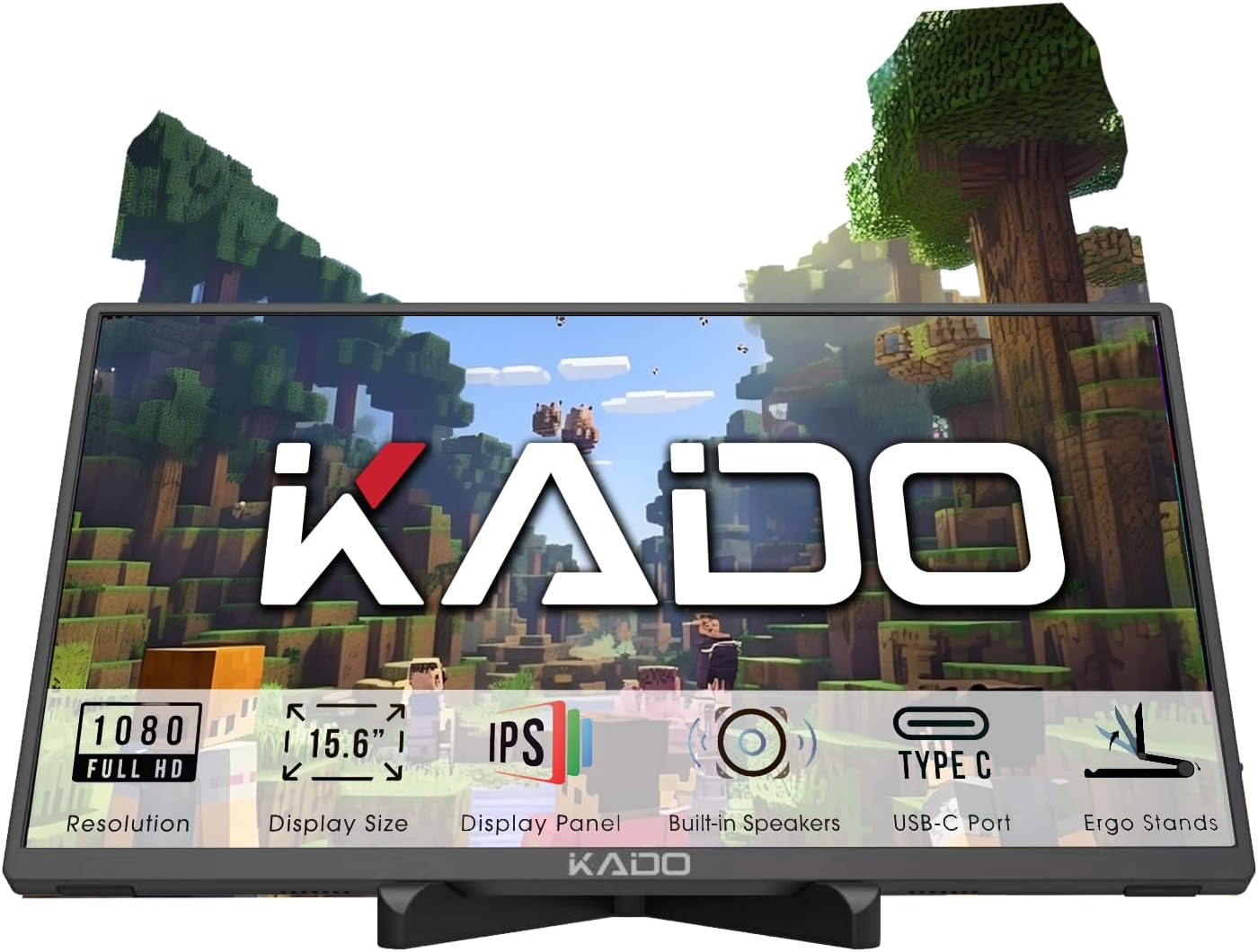 Kado Portable Monitor for Laptop, 15.6″ IPS 1920×1080 HDMI Dual USB Type-C Laptop Screen Extender Second Display Ergo Stand Built-In Speakers for PC, Mac, Tablet, Xbox, PS4/PS5 and Switch (K165W-FPNT)
