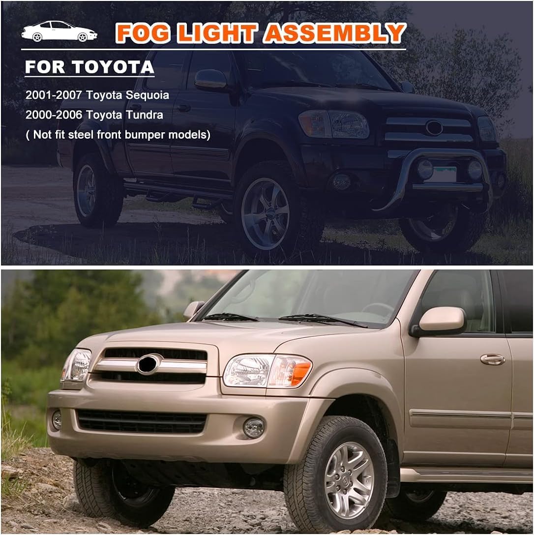 ROXX Fog Lights Sets For 2001-2007 Toyota Sequoia/2000-2006 Toyota Tundra(Not Fit Steel Front Bumper Models) Fog Light Assembly OE Style Bulb 9006 12V51W + Wiring Harness Kit + Switch(Clean lens)