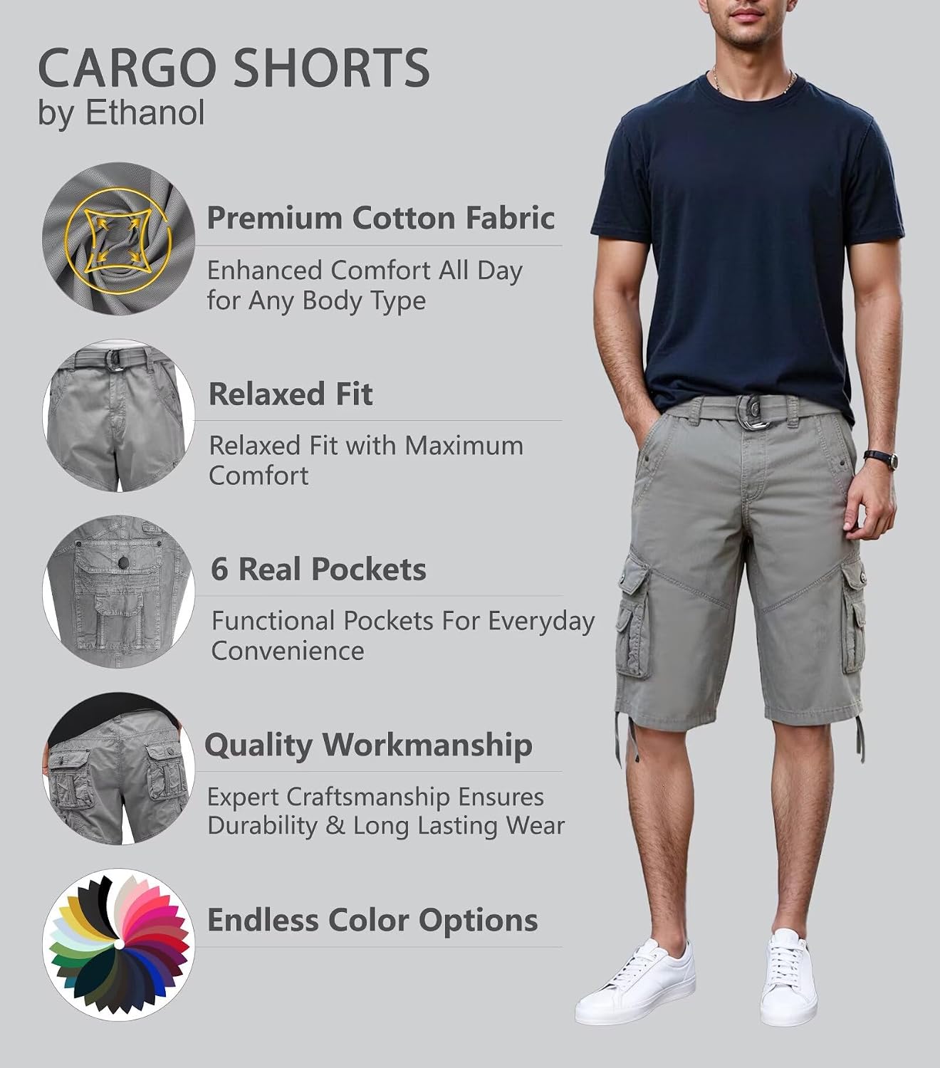 Fried-Denim Mens Everyday Poplin Belted Cargo Fairfax Shorts