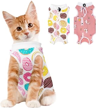 2PCS Cat Recovery Suit for Abdominal Wounds or Skin Diseases, Pink Alpaca &Colorful DonutCat Onesie for Cats After Surgery Female Kitten Recovery Suit, Breathable E-Collar Alternative for Cats After S
