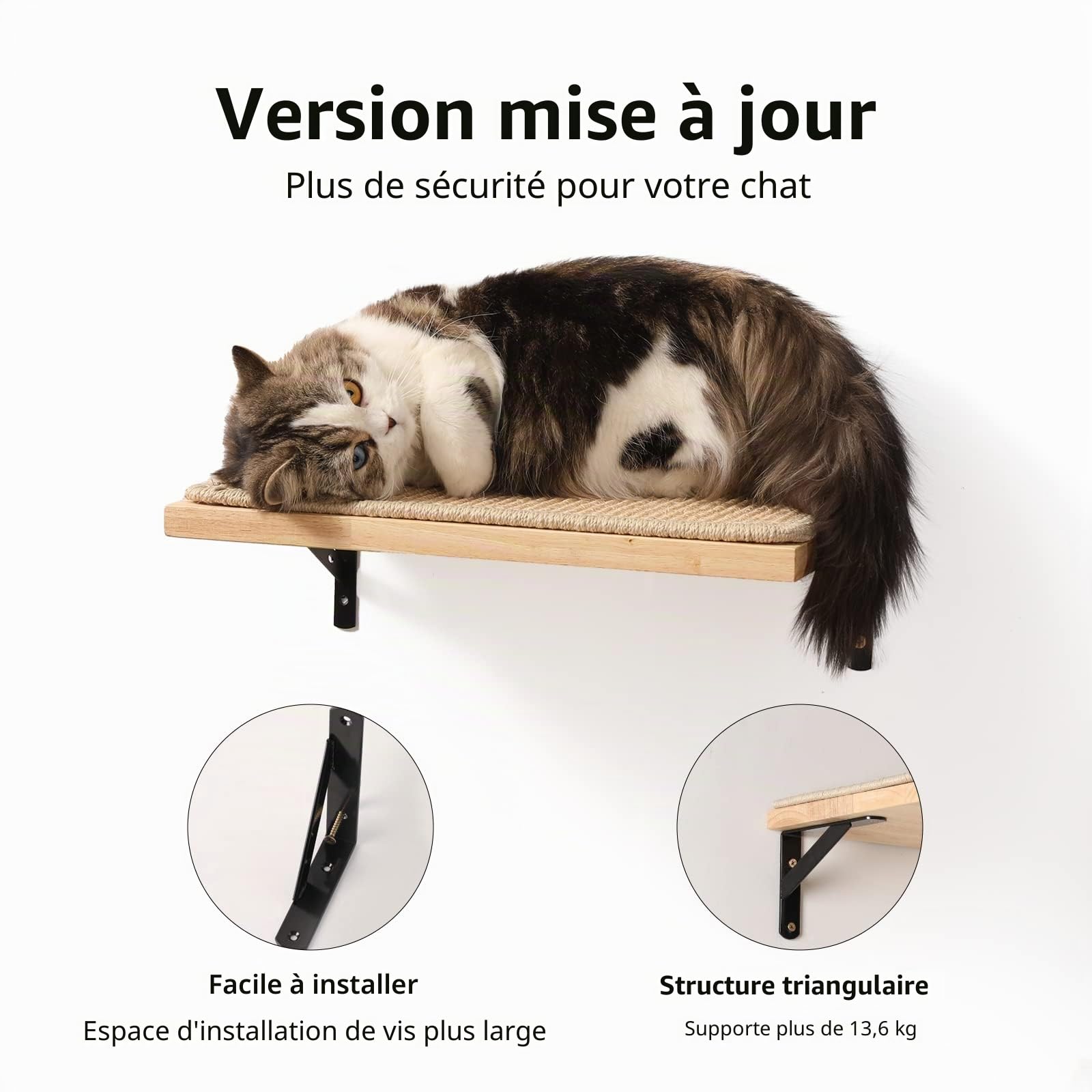 FUKUMARU Étagère Murale Flottante avec Tapis Griffoir pour Chat, 2,9 cm d'épaisseur, Étagères Suspendues en Bois d'hévéa Massif, 39,7 x 25,4 cm