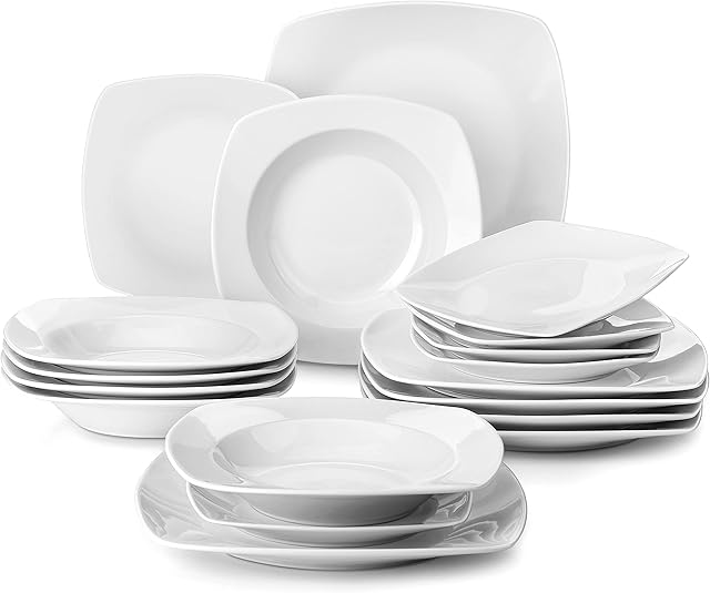 MALACASA, Series Julia, 18-Piece Dinner Sets Ivory White Porcelain Square Dinner Plate Sets with 6-Piece Dessert Plates 6-Piece Soup Plates and 6-Piece Dinner Plates