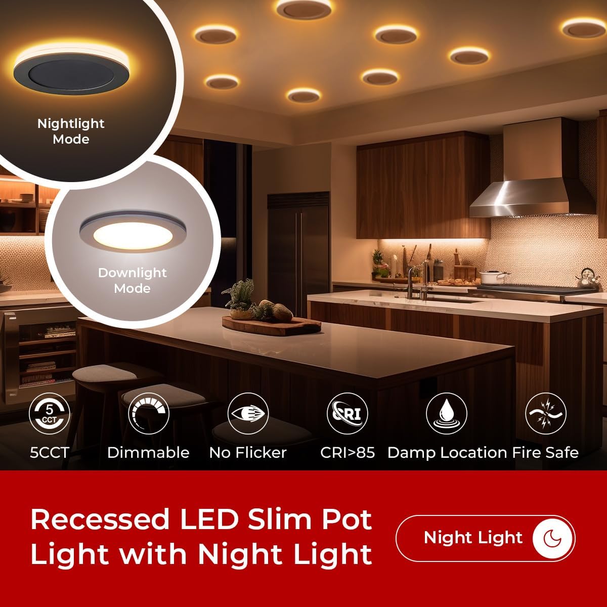4" 9W Recessed LED Slim Pot Light with 2W Night Light, 2700K/3000K/3500K/4000K/5000K 5CCT Adjustable, 800LM CRI > 85, ETL Energy Star Listed, IC Rated, with Junction Box (White, 4 Pack)