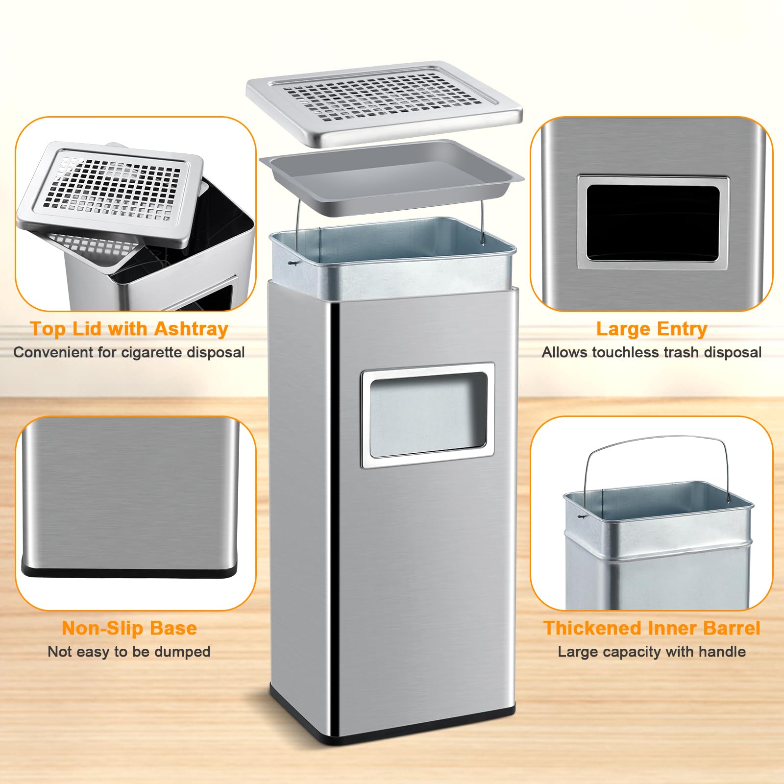 Garvee Papelera cuadrada 30L de acero inoxidable – Tapa hermética, cubo interior extraíble y base antideslizante – Resistente al óxido y fácil de limpiar – Para cocina, oficina, restaurante o exterior