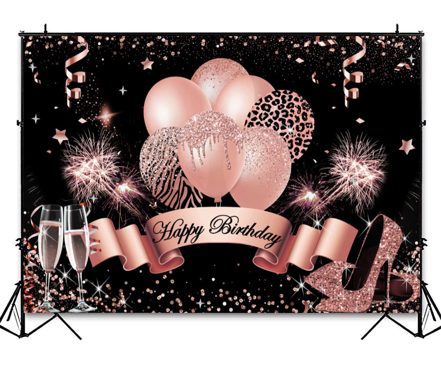 InMemory Rose Gold Geburtstag Hintergrund für Frauen Mädchen Happy Birthday Fotografie Hintergrund Glitzer Luftballons Champagner Heels Schwarz Gold Pailletten Dekoration für Prinzessin Bday Party