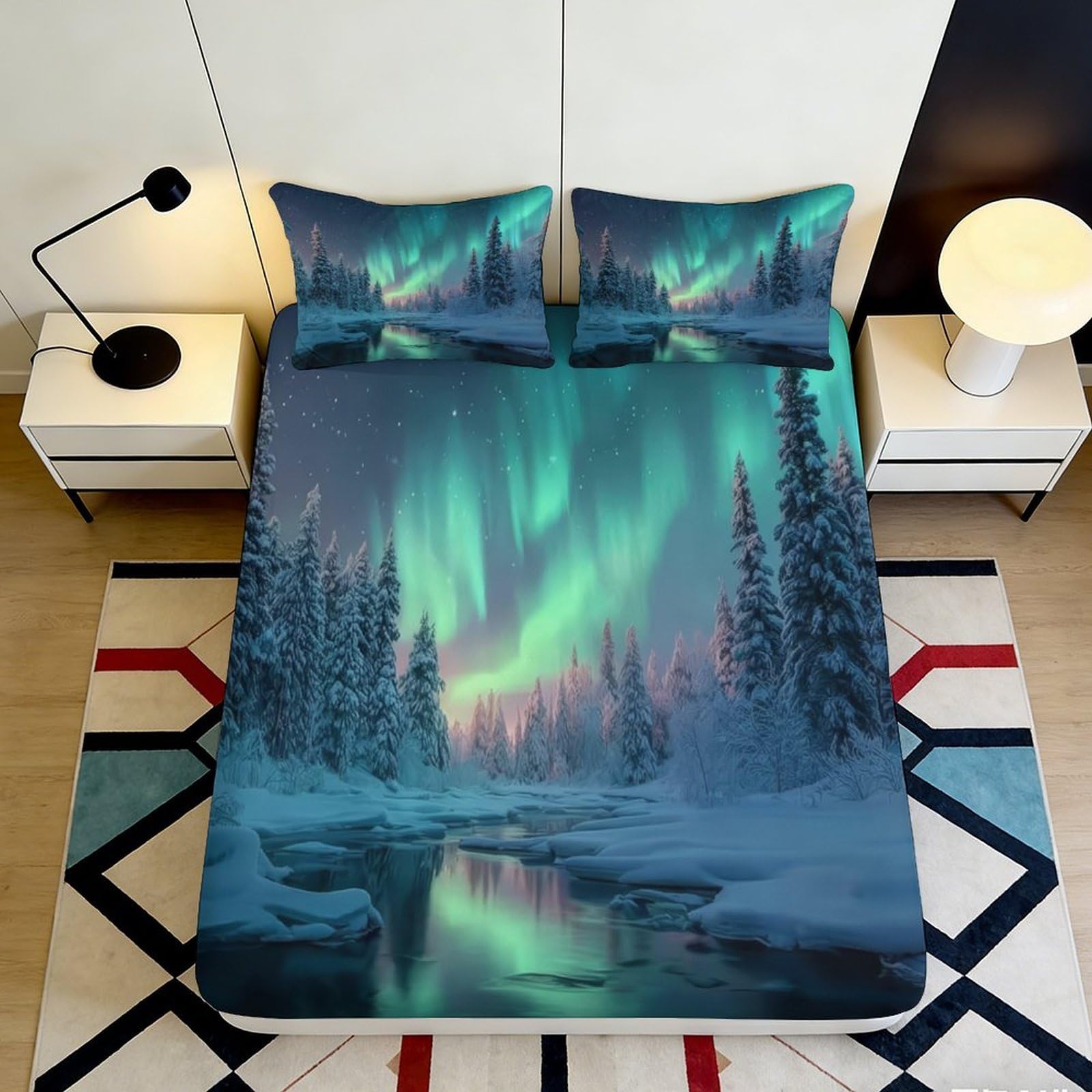 3D Printed Aurora Landscape Fitted Sheet Microfiber Deep Pocket Bedroom Set Aurora Mattress Fitted Cover Non-Slip Washable 200x200x25cm 90x200x25cm