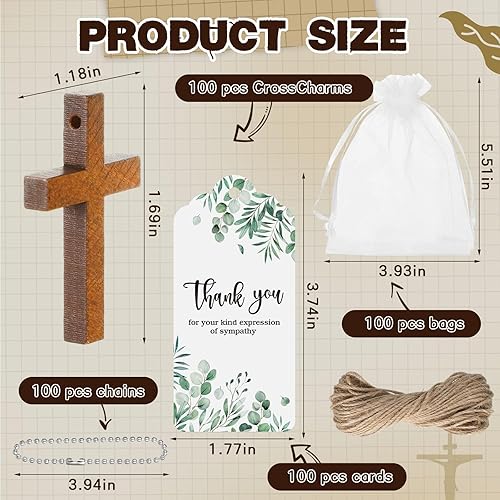 Miniatura 8 de Tradder Juego de 100 recuerdos funerarios con 100 llaveros de cruz de madera, tarjetas de agradecimiento funerarias, bolsas de organza para