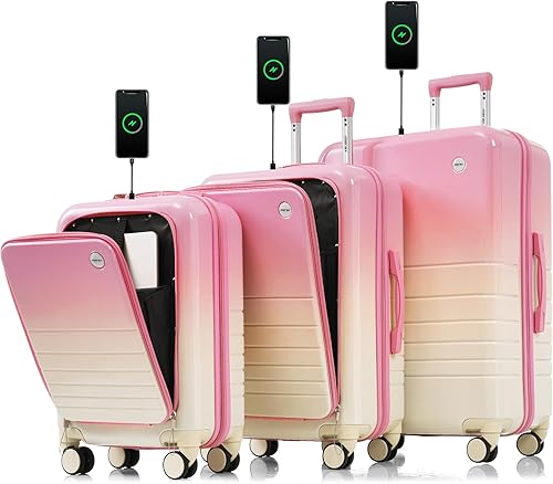 Merax 3 piezas expandible Abs Hardshell Equipaje Sets con rueda giratoria Maleta TSA Lock Suit Case, Rosa y marfil., Juego de 3, ABS Hardside