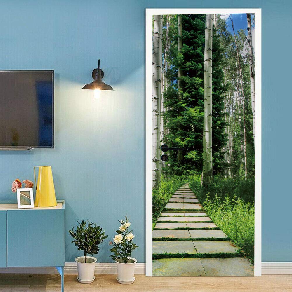 Sticker de porte trompe l'oeil forestier grand format papier peint amovible