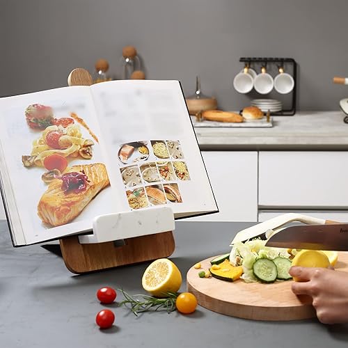 Miniatura 5 de EVERBBKING Soporte para libro de cocina, tabla de cortar de madera de acacia, soporte para libro de cocina, soporte ajustable para iPad o tableta,