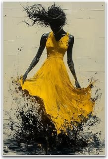 ZHBJSM Modern Abstract Wall Art Yellow Dress Figure 16x24 Inch Unframed | Expressive figure decor, brushstroke print and colorful feminine poster for living room bedroom office entryway