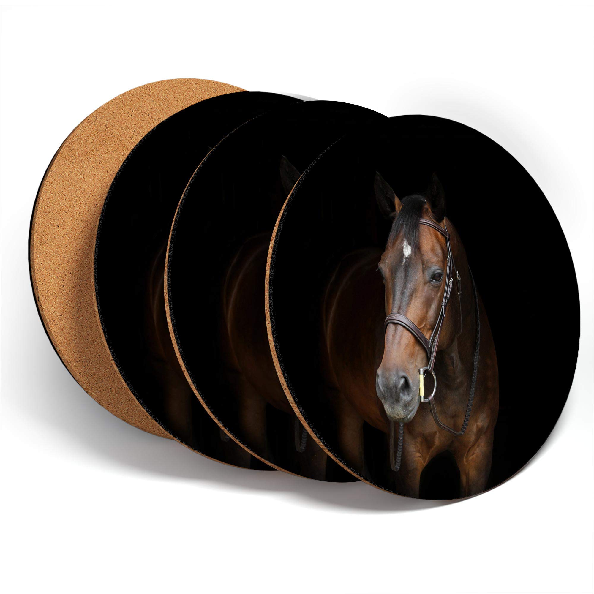 Destination Vinyl Ltd Great Coasters (Set of 4) Round - Brown Horse Portrait Equestrian Drink Glossy Coasters/Tabletop Protection for Any Table Type #44473