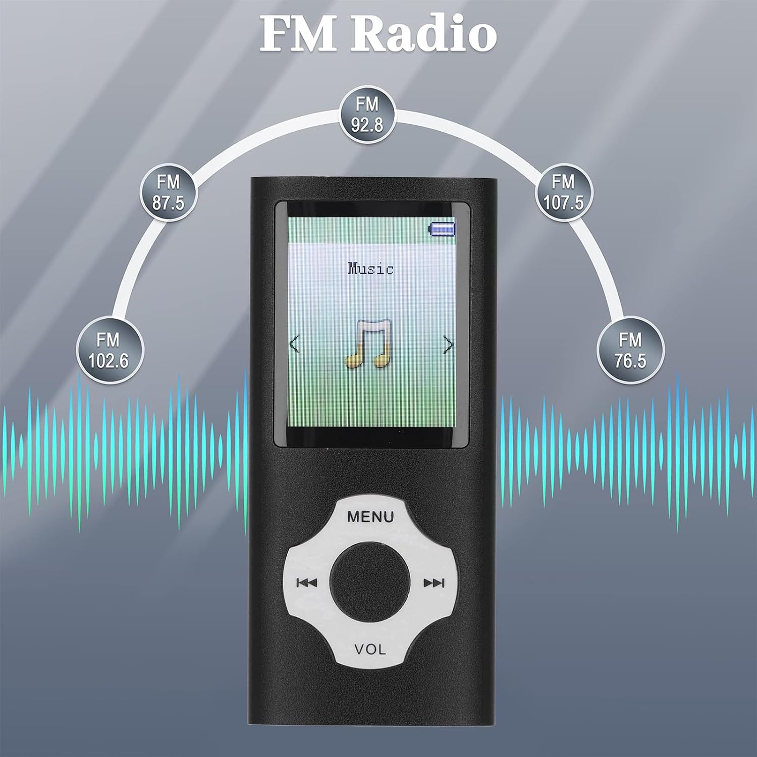 Fockety MP3 MP4 Player displaying FM radio frequencies