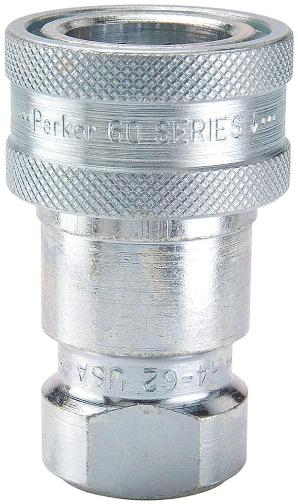 H4-62 Series 60 Steel Multi-Purpose Quick Coupler with Female Pipe Thread, ISO 7241 Series B Interchange, Poppet Valve, 1/2" Body Size, 1/2"-14 NPTF Thread, 2.87" Length