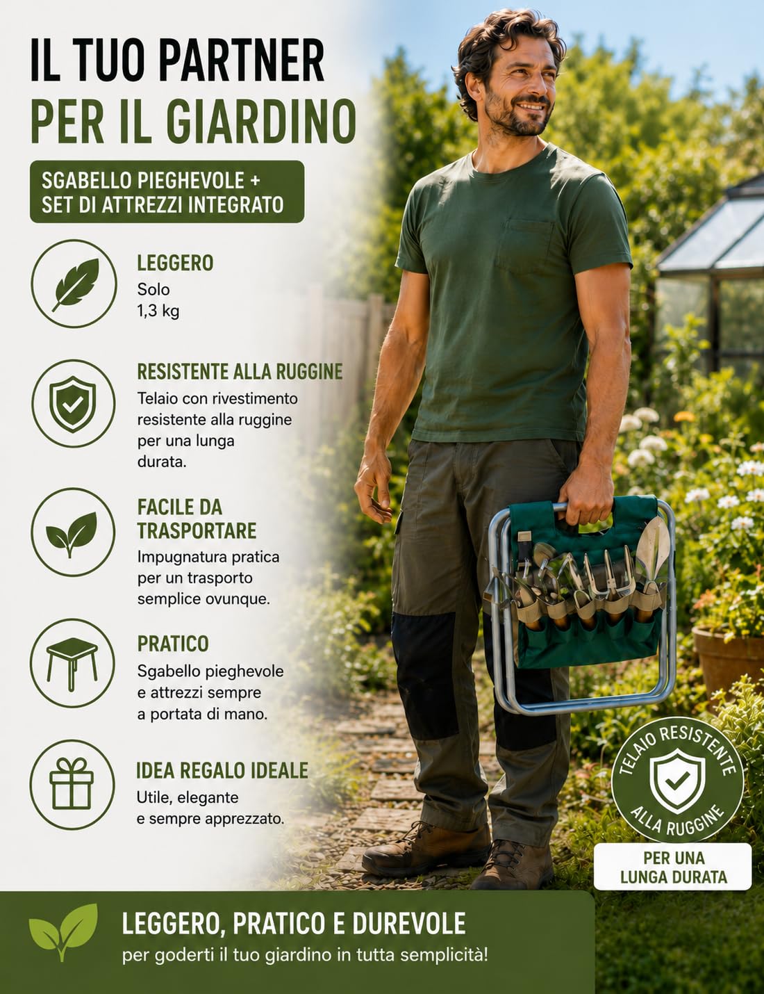 Kit da giardinaggio ergonomico – Sgabello pieghevole + 12 attrezzi in acciaio inossidabile + borsa + guanti + ginocchiere – Giardinare senza dolore alla schiena o alle ginocchia