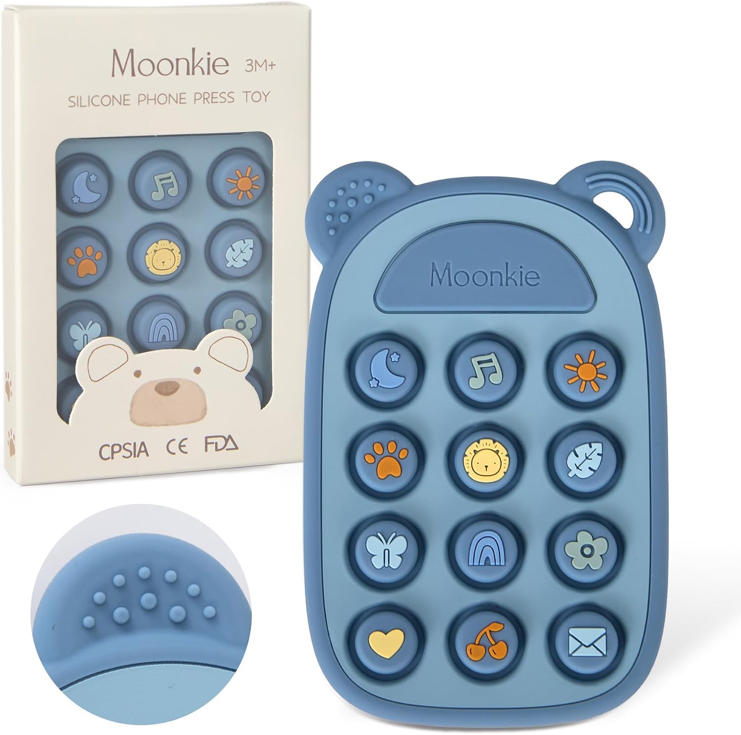 Moonkie Mordedor Bebe, Teléfono de Silicona para Niños, Juguetes Bebe 3 Meses+, con Texturas, Juguete Pop It, Regalos Bebe, Mordedor sin BPA, Juguetes Montessori Bebe (Éther)