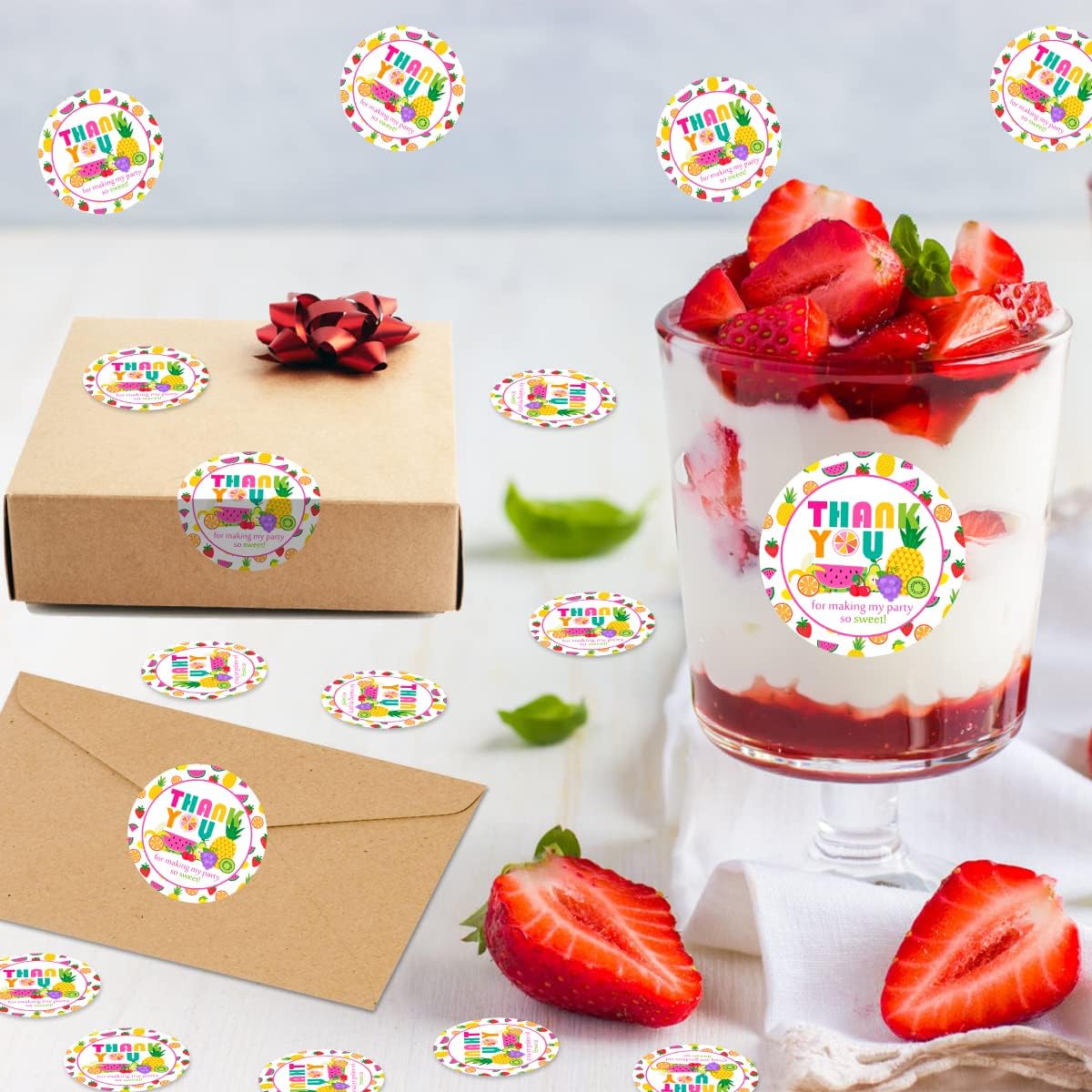 48 Pack Fruit Thank You Sticker Labels Tutti Frutti Party Supplies Tutti Fruity Party Decoration Stickers for Pineapple Watermelon Cherry Birthday Baby Shower Supplies
