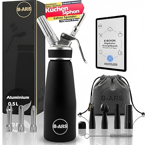 B-ARS Sahnespender Aluminium Hochwertiger SCHWARZ 500 ml Mit Edelstahl-Düsen Perfekt