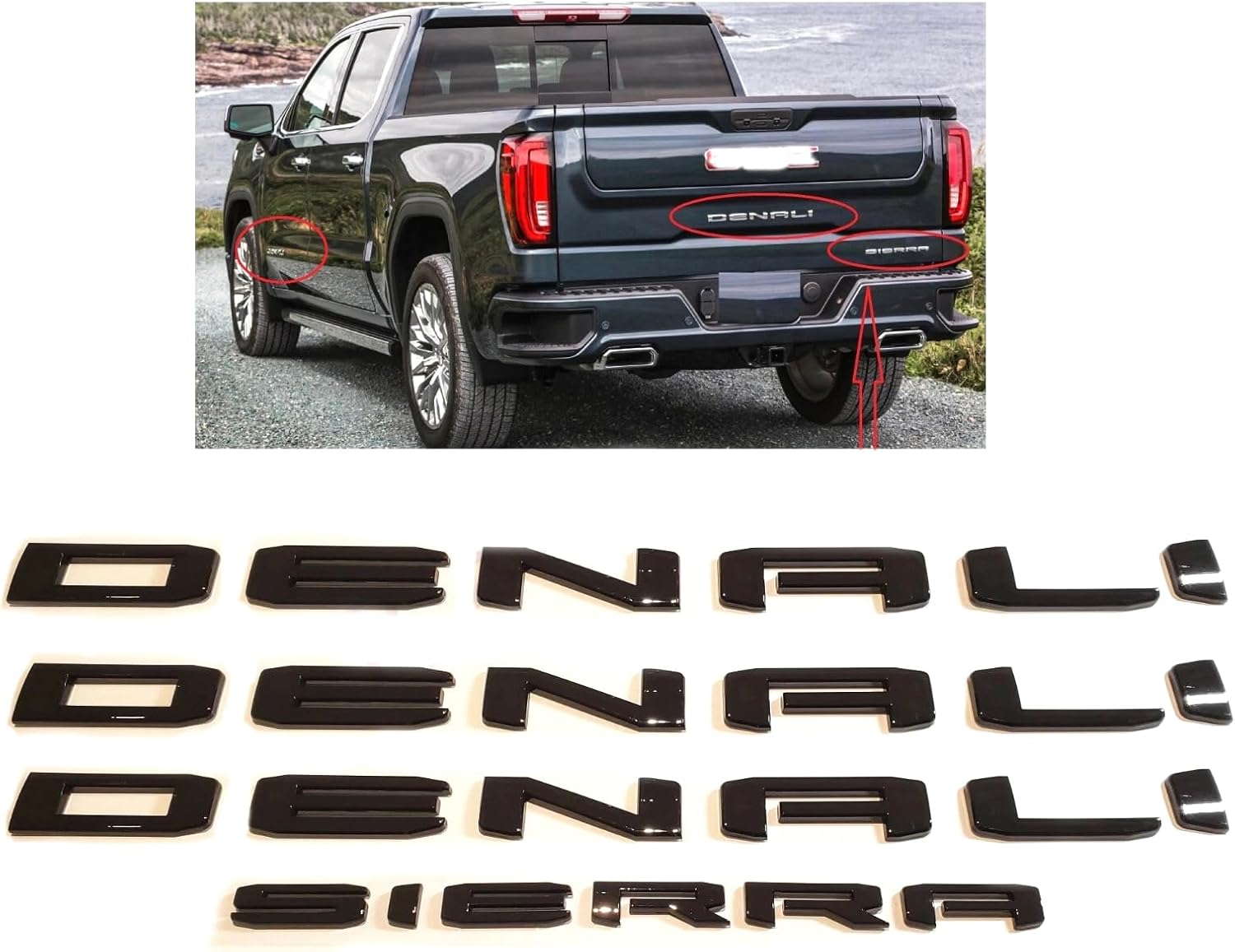 4Pcs Kit Denali Sierra Emblems Letter Badge 3D Nameplate Compatible with 2019-2026 Sierra 1500 2500HD 3500HD 86532074 (4pack Chrome)