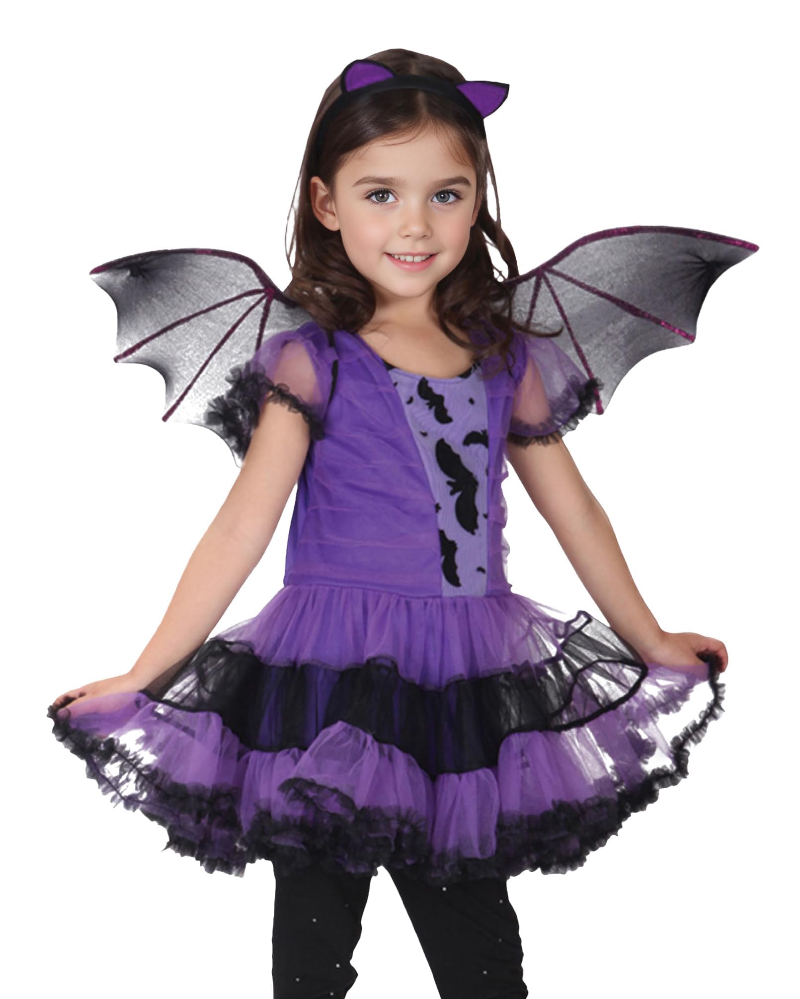 GEMVIE Disfraz de Murciélago Bruja para Niños，Disfraz de Vampirina para Halloween Vestido de Fiesta con Ala de Diadema de Murciélago 2-12 años
