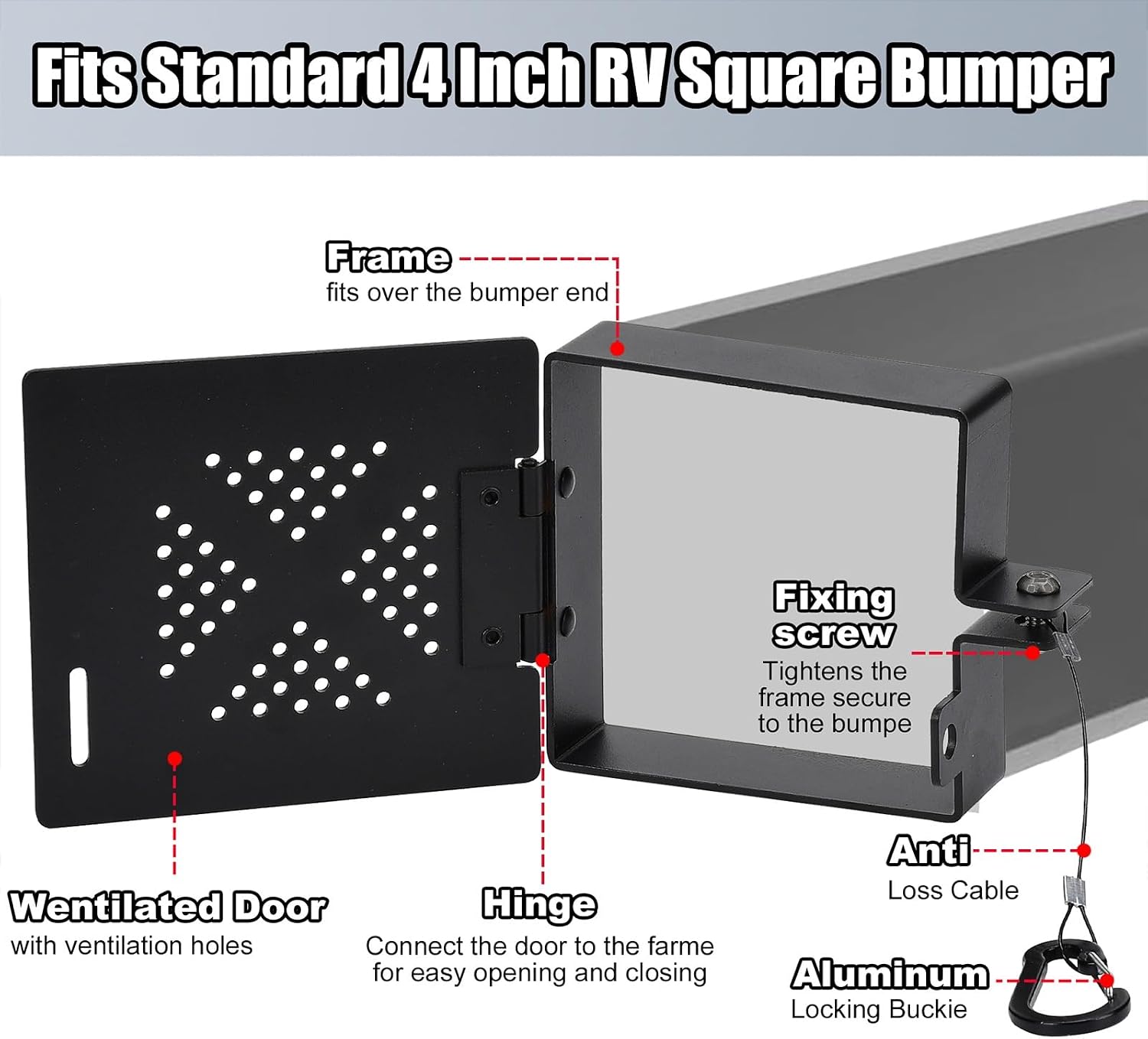 XhuangTech Aluminum RV Bumper End Cap 2 Pack, Fits 4x4 Inch Square Bumpers with No-Insect Vent Holes, Secure Sewer Hose Storage Cover with Hinged Door for Camper, Trailer,Motorhome Outdoor Accessories