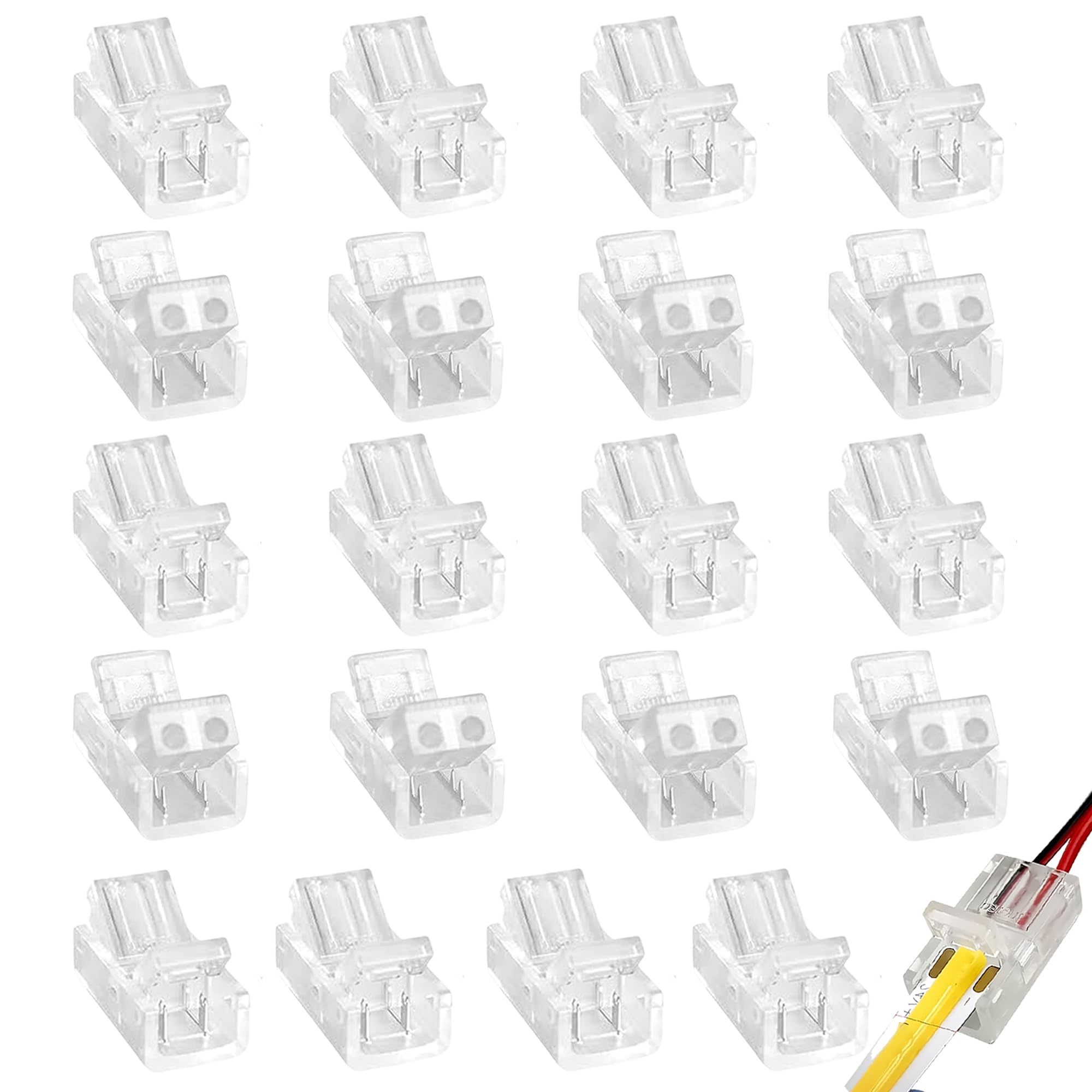 Clearhill White 2Pin 10Mm Transparent Solderless Led Light Strip Connectors,20Packs Wide Gapless Quick Adapter For Waterproof/Non-Waterproof Single Color Led Strips,No Soldering Required.