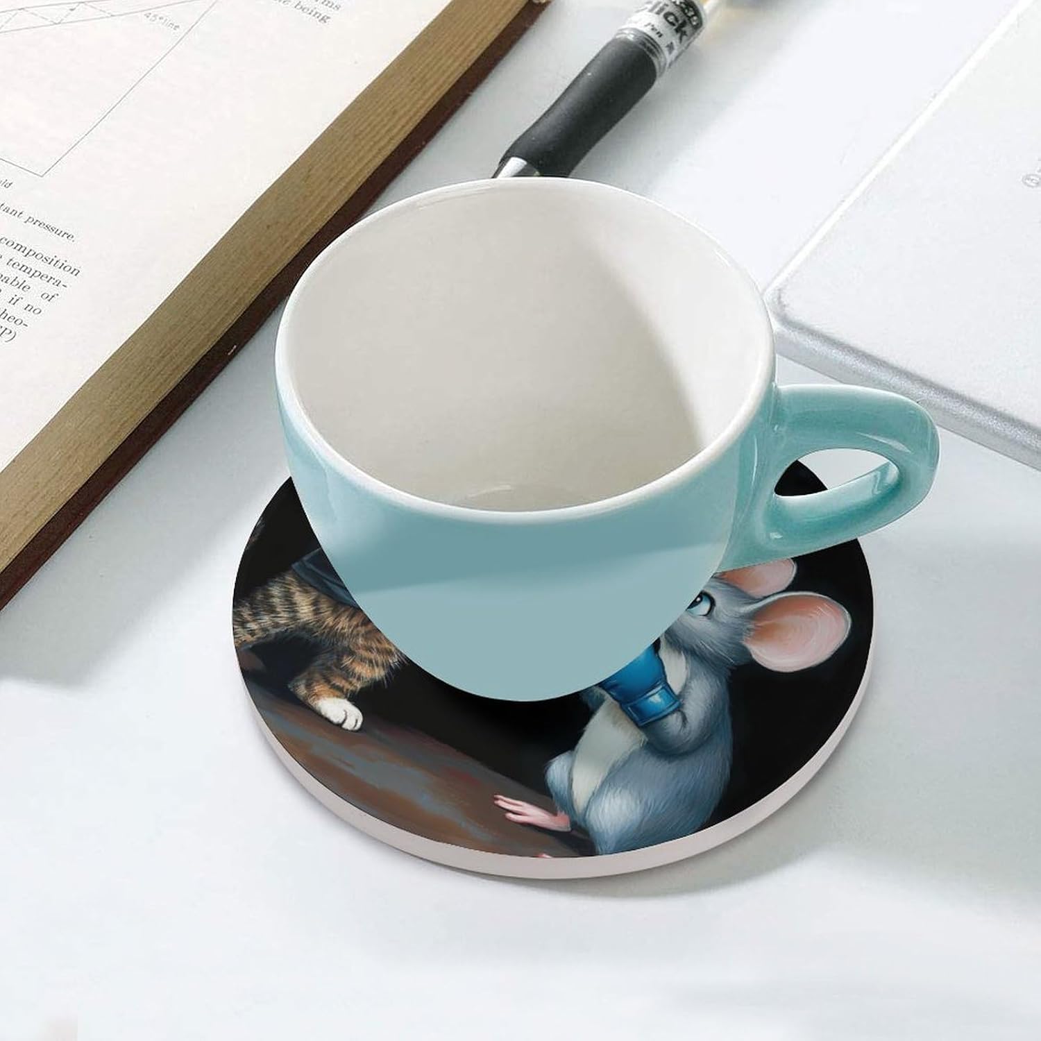 Funny Cat and Fat Coasters for Drink Round Ceramic Coaster with Cork Base Home Decorative 6PCS