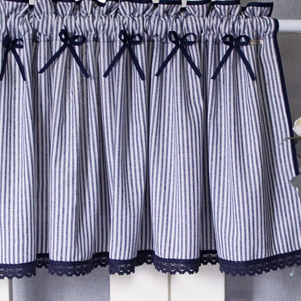 Farmhouse Kitchen Curtain Striped Café Curtain 100% Cotton Tier Curtains Lace Window Treatment Navy Blue Country Drapes with Bowknot