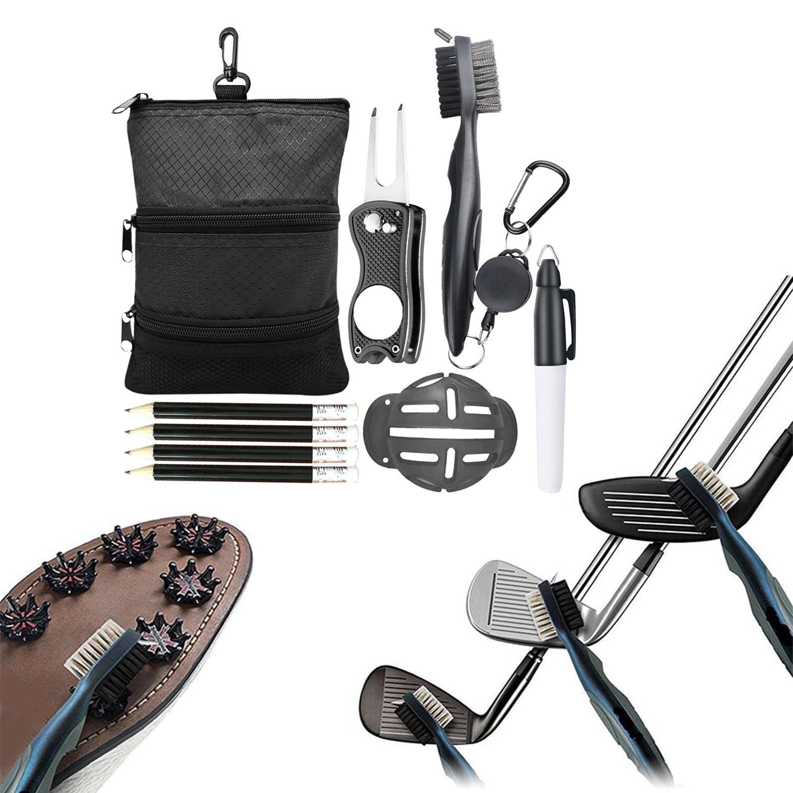 Beutel mit Ausrüstungsclip für Herren und Damen, leicht, mehrere Taschen, Reißverschluss Haken für die Tasche, Golfbälle, Golf Handtasche, Ballreiniger, Handtuch, Bürste, Beutel, Ball Werkzeug