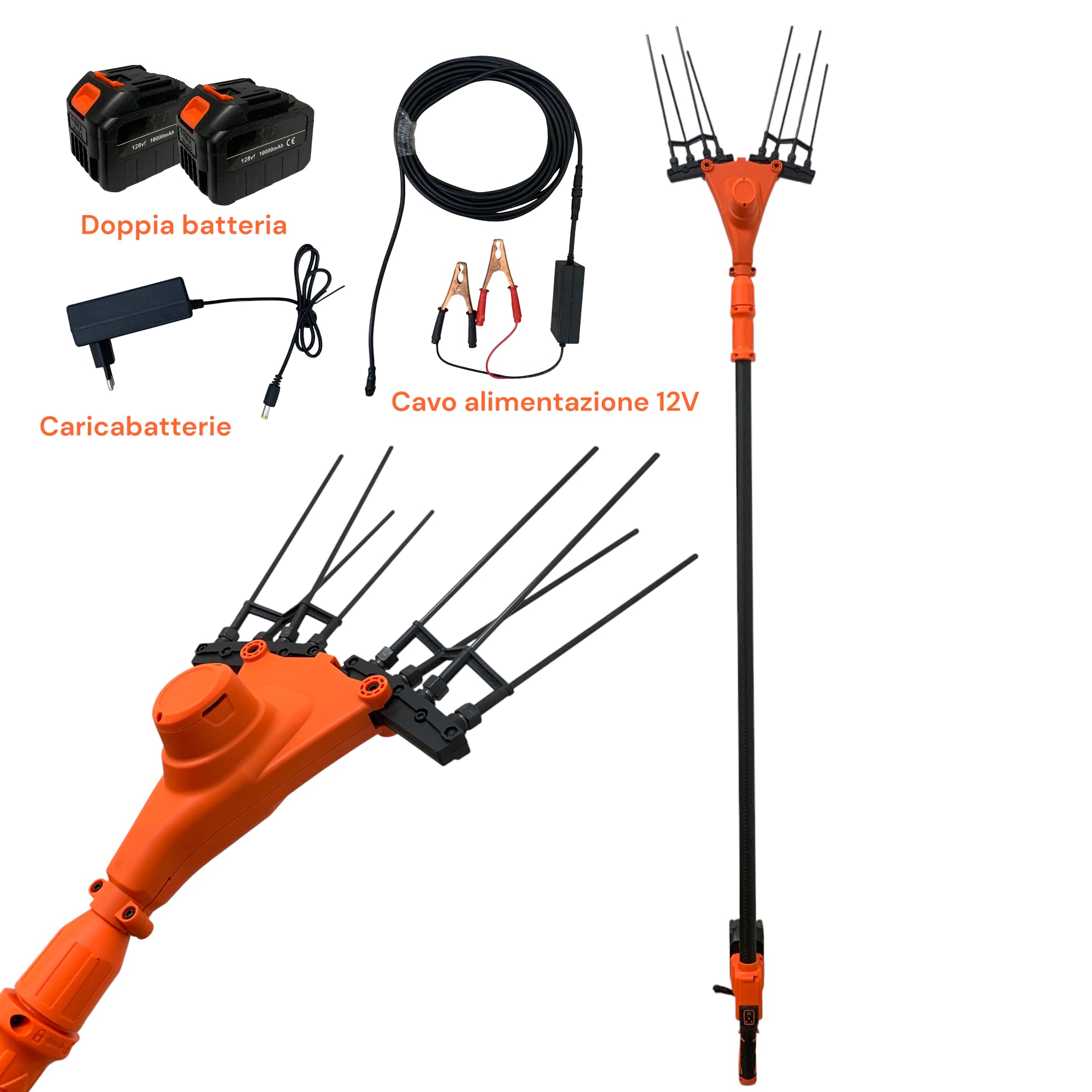 Abbacchiatore Scuotiolive Elettrico Multifunzione a Batteria e Alimentazione 12V con Doppia Batteria da 128Vf 10000mHa Motore 140W 5 Velocità 800-1250BPM Display Digitale Pettine in Fibra di Carbonio