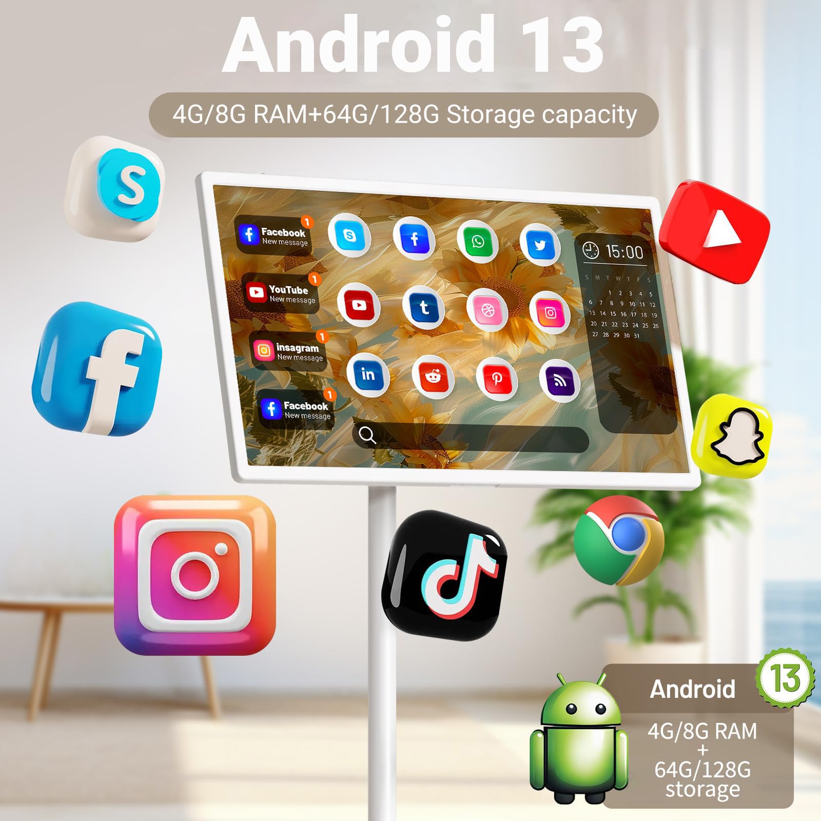 TV portatile con touch screen da 24/27/32 pollici, Smart TV Android 4K con ruote con supporto girevole completo, display Incell 1080p, durata della batteria 8 ore (32 pollici, 8+128 GB (4K))