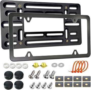 Aootf Front License Plate Mounting Kit- License Plate Bracket & Black Aluminum Car Tag Holder Cover Fit No Drilling Hole Front Bumper, Universal Adapter for US Vehicle Trailer Truck, with Screws Caps