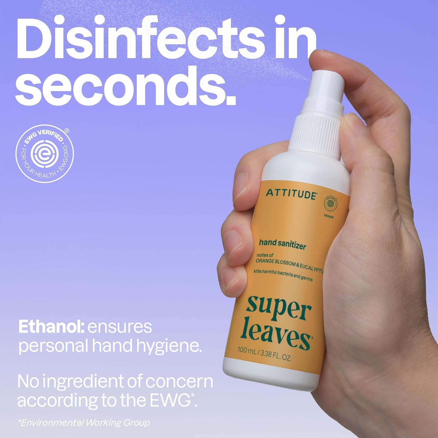 ATTITUDE Hand Sanitizer Spray, EWG Verified, Kills Germs & Bacteria, Vegan & Plant-Based, Safe for Adults & Kids, Orange Blossom & Eucalyptus Scent, 3.38 Fl Oz (Pack of 6) (Spray Bottle)