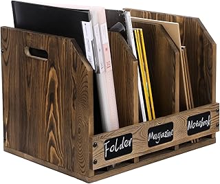 MyGift Office Desktop Document File Folder Rustic Burnt Brown Wood Binder Storage Organizer Rack with 3 Compartments and Chalkboard Labels