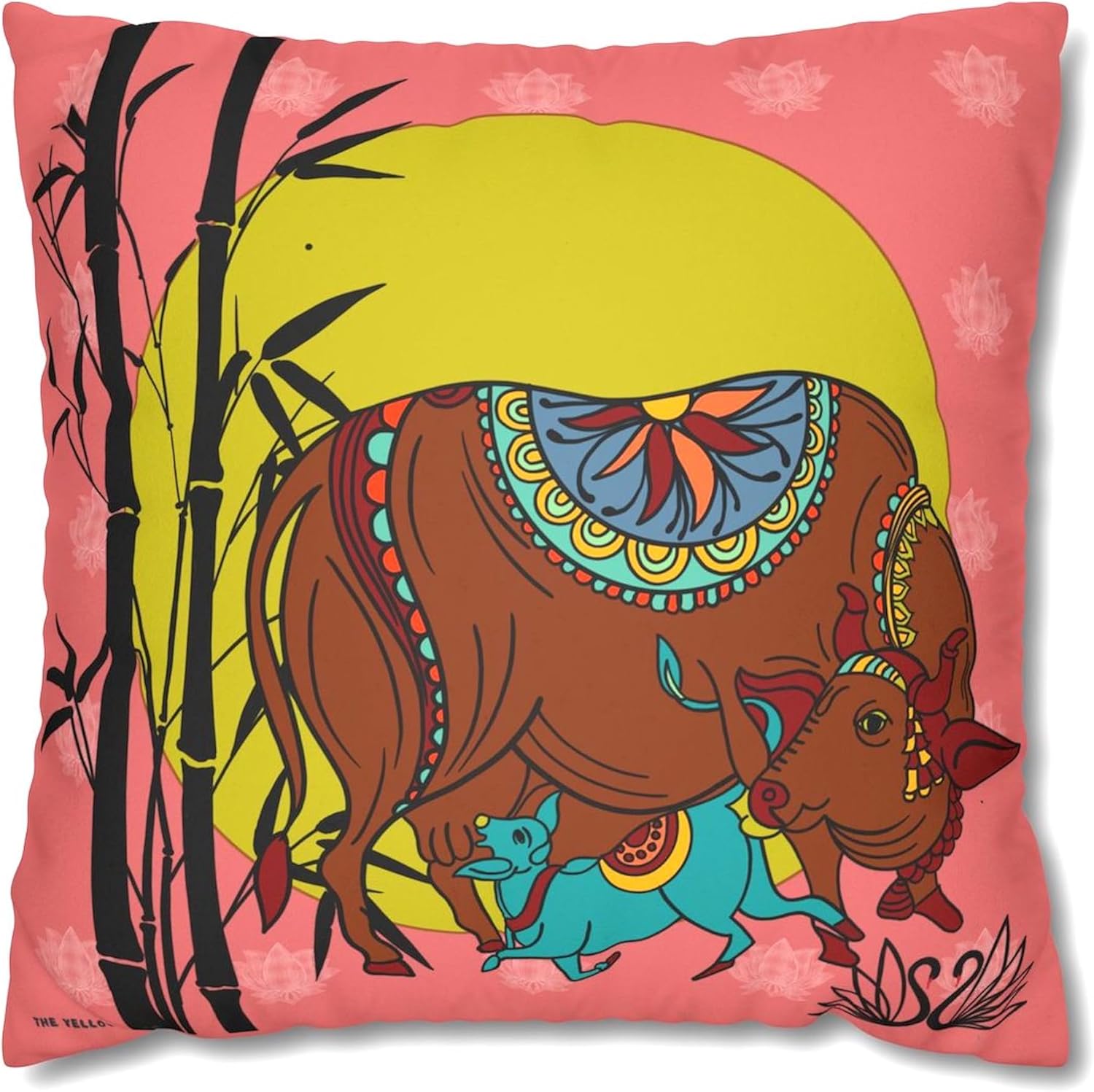 Traditional Indian Artwork Animal Cushion Cover 18x18 | Colorful Desi Traditional Home Decor | Unique Housewarming Gift (Cow)