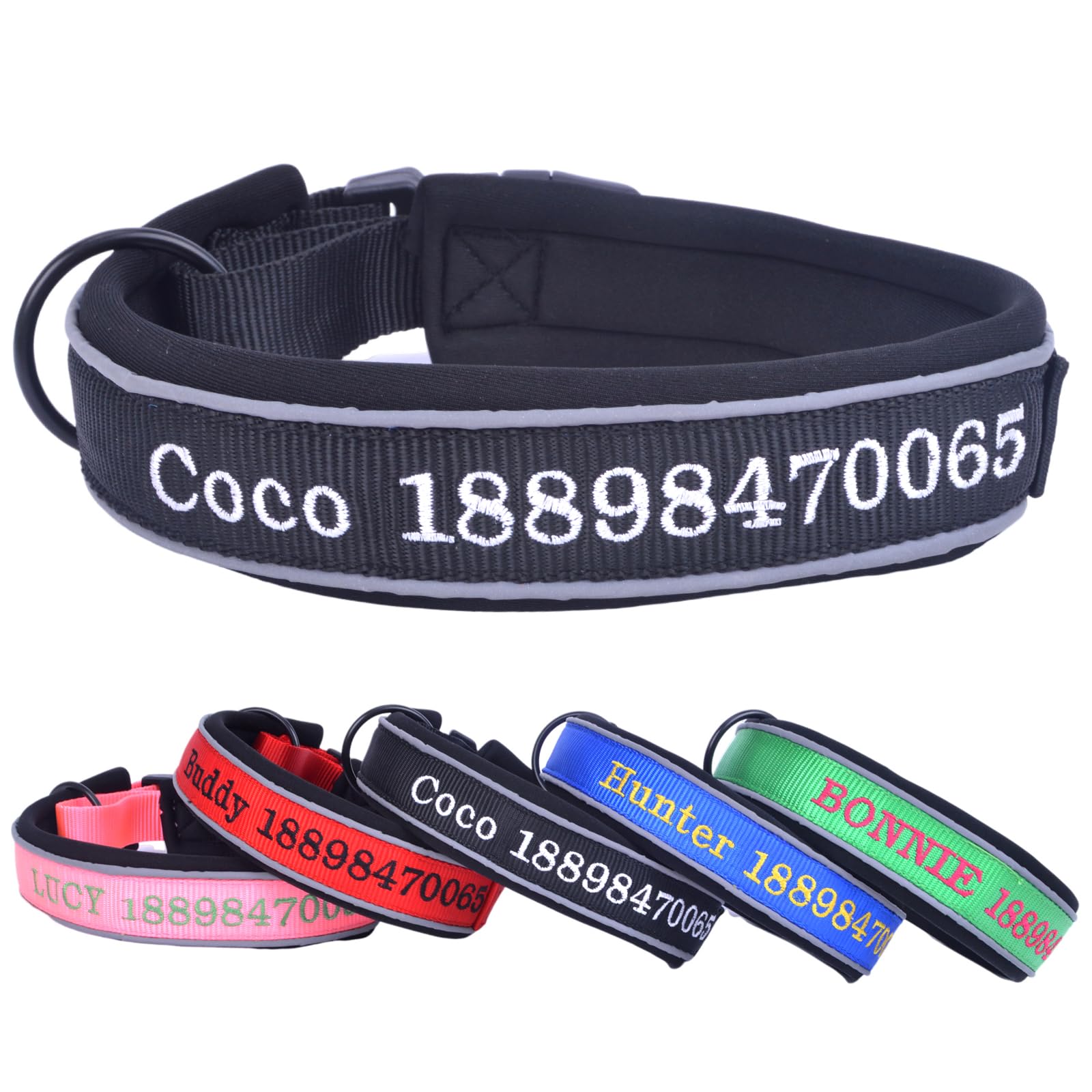 Adjustable Reflective Personalised Thick Dog Collar 1.6 Inch 4 CM Wide with Quick Release Buckle Soft Neoprene Padded Custom Embroidered Pet Name Phone Number for Boy Girl Small Medium Large Dogs