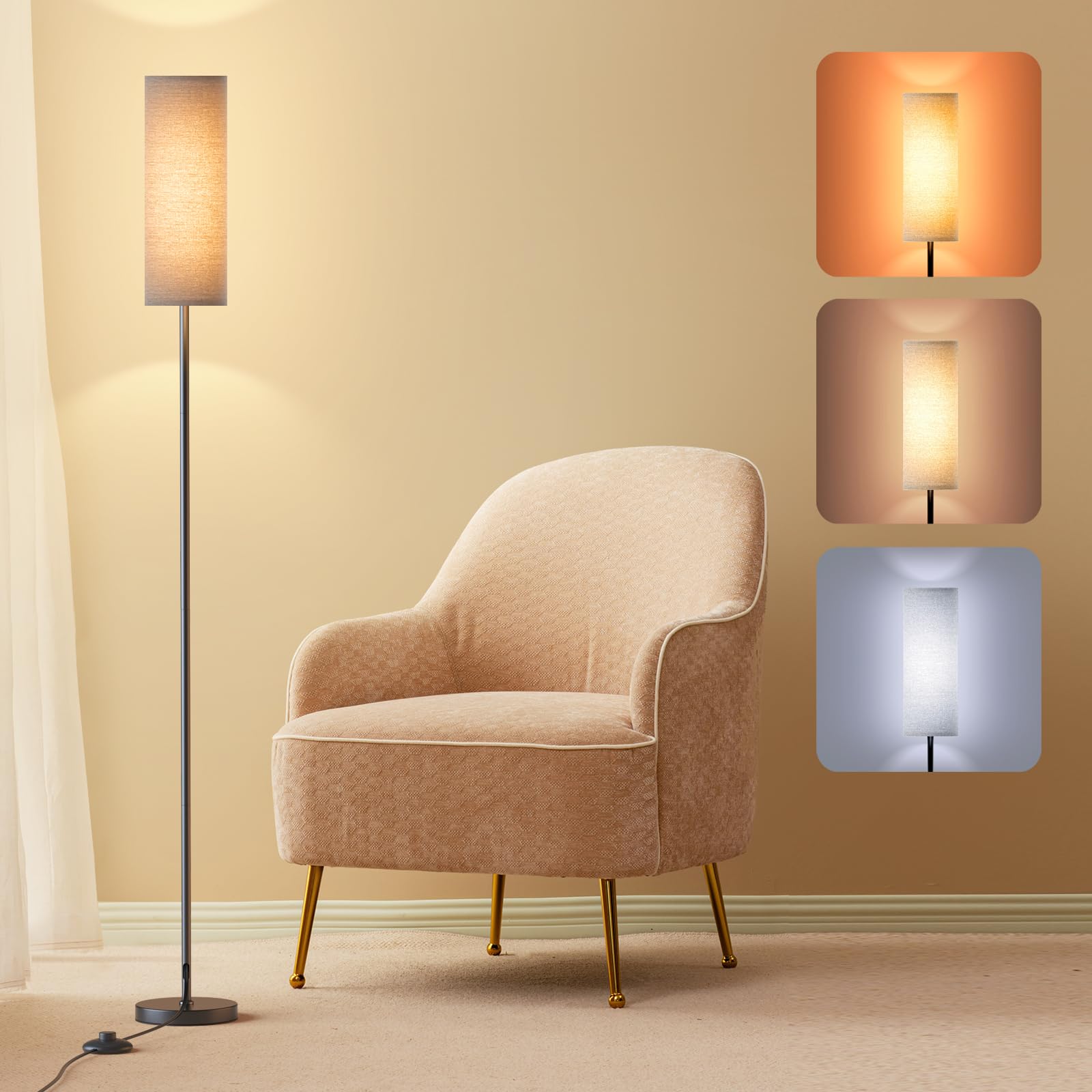 Lithomy Lampada da Terra, Lampada LED Dimmerabile, 3 Temperature Colore, Piantana Lampada da Terra con Paralume Lino e Interruttore a Pedale, Lampada per Soggiorno, Camera, con Lampadina 9W, Grigio
