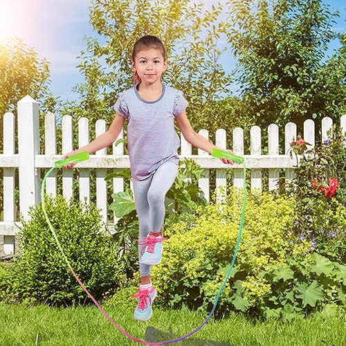 Miniatura 6 de Juego de 10 cuerdas de saltar arcoíris de nailon duraderas, cuerdas de saltar vibrantes de seguridad para niñas o niños educación física (7.2 pies)