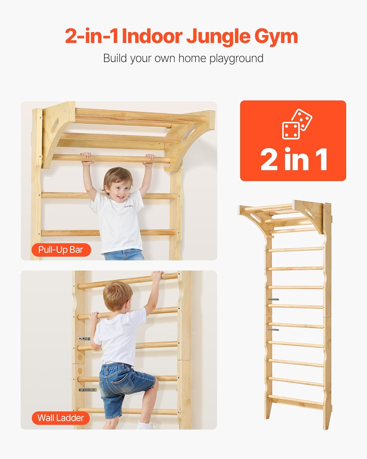 VEVOR Swedish Ladder Wall Gym, 2-in-1 10-Level Indoor Jungle Gym, 220LBS Loading Solid Wood Gymnastic Stall Bars for Kids & Adults, Indoor Playground Climbing Playset with Pull-Up Bar, Wall Ladder