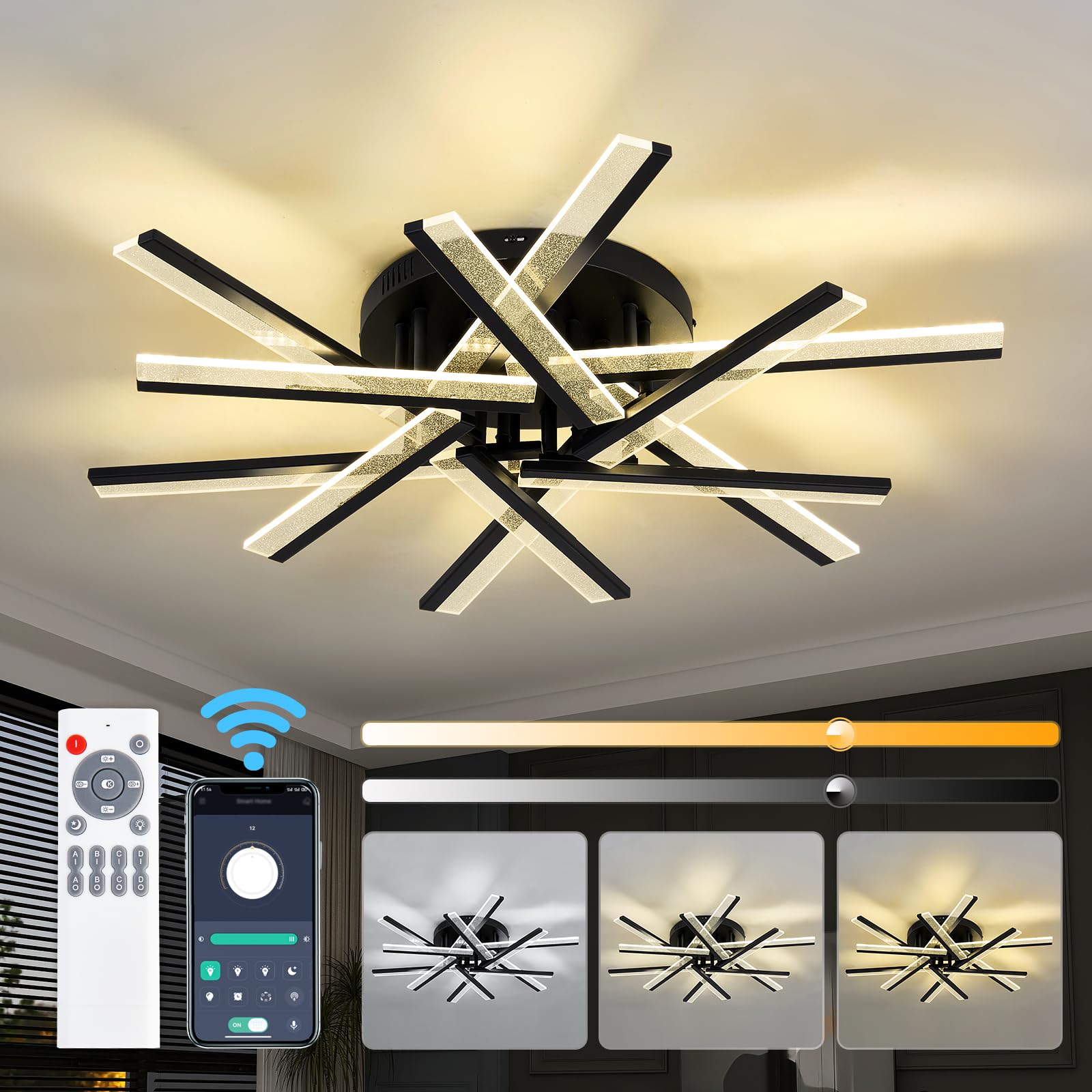CVKASH Modern LED Ceiling Light Fixture Black 3-Color Dimmable with Remote Control 3000K-6000K Chandelier Flush Mount Ceiling Lamp for Closet Bedroom Kitchen Dining Room Hallway(33.46in)