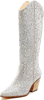 Women's Cowboy Knee High Boots Rhinestone Cowgirl Boots Western Pointed Toe Block Chunky Heel 5cm Zipper Pull On Sparkle Mid Calf Knee High Boots for Women Girl Party