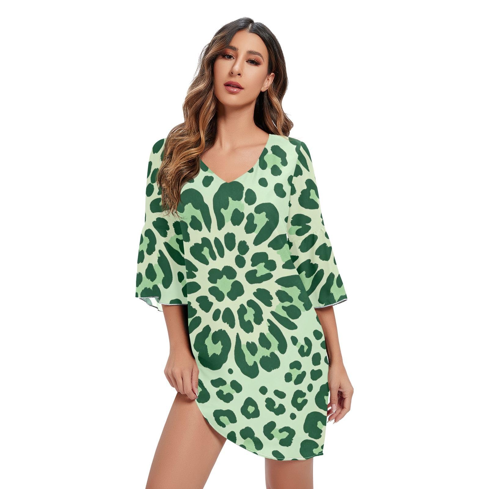Vestido de gasa transpirable para evitar el calor con manga acampanada leopardo verde 7
